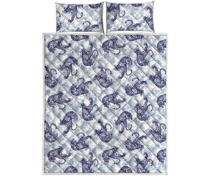 Japanese White Tiger Pattern Print Quilt Bed Set