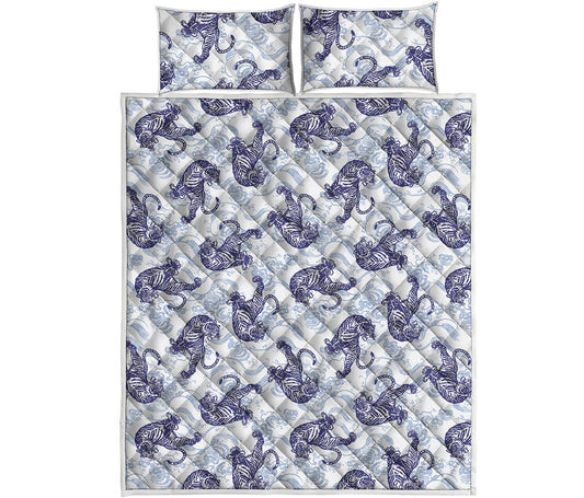 Japanese White Tiger Pattern Print Quilt Bed Set
