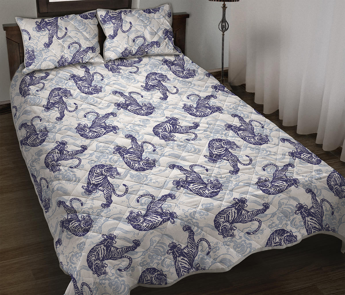 Japanese White Tiger Pattern Print Quilt Bed Set