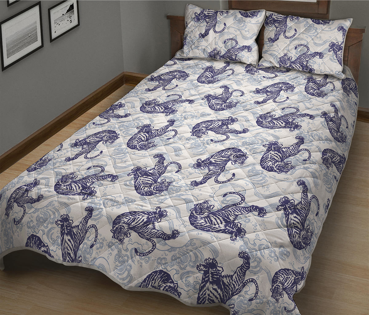 Japanese White Tiger Pattern Print Quilt Bed Set
