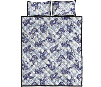 Japanese White Tiger Pattern Print Quilt Bed Set