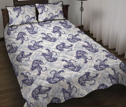 Japanese White Tiger Pattern Print Quilt Bed Set
