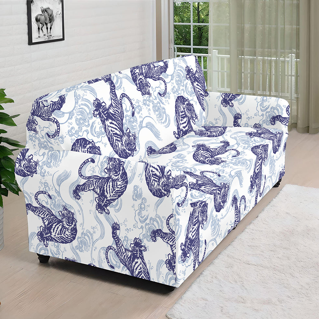 Japanese White Tiger Pattern Print Sofa Cover