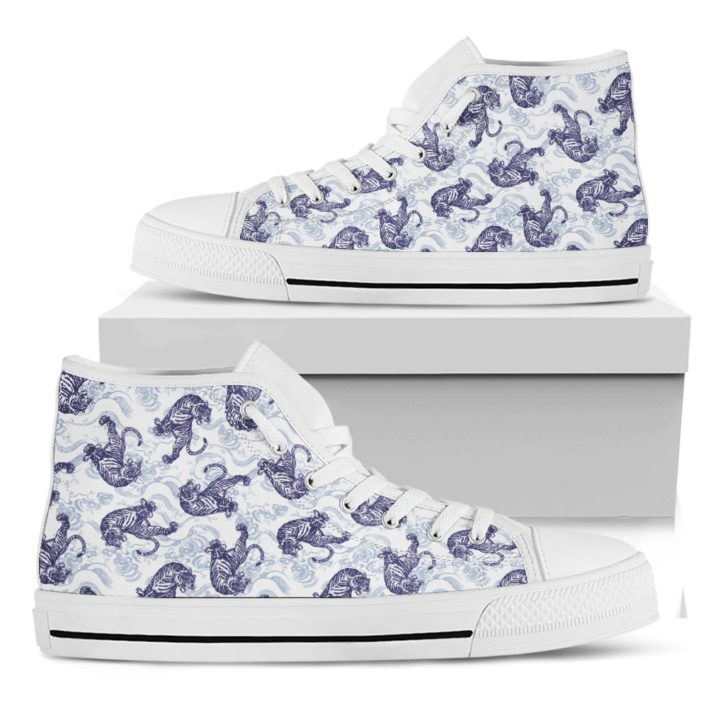 Japanese White Tiger Pattern Print White High Top Shoes