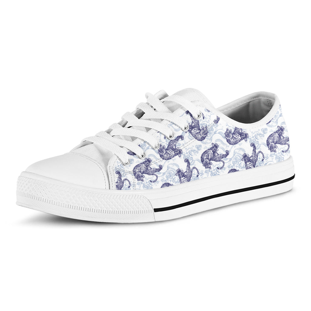 Japanese White Tiger Pattern Print White Low Top Shoes