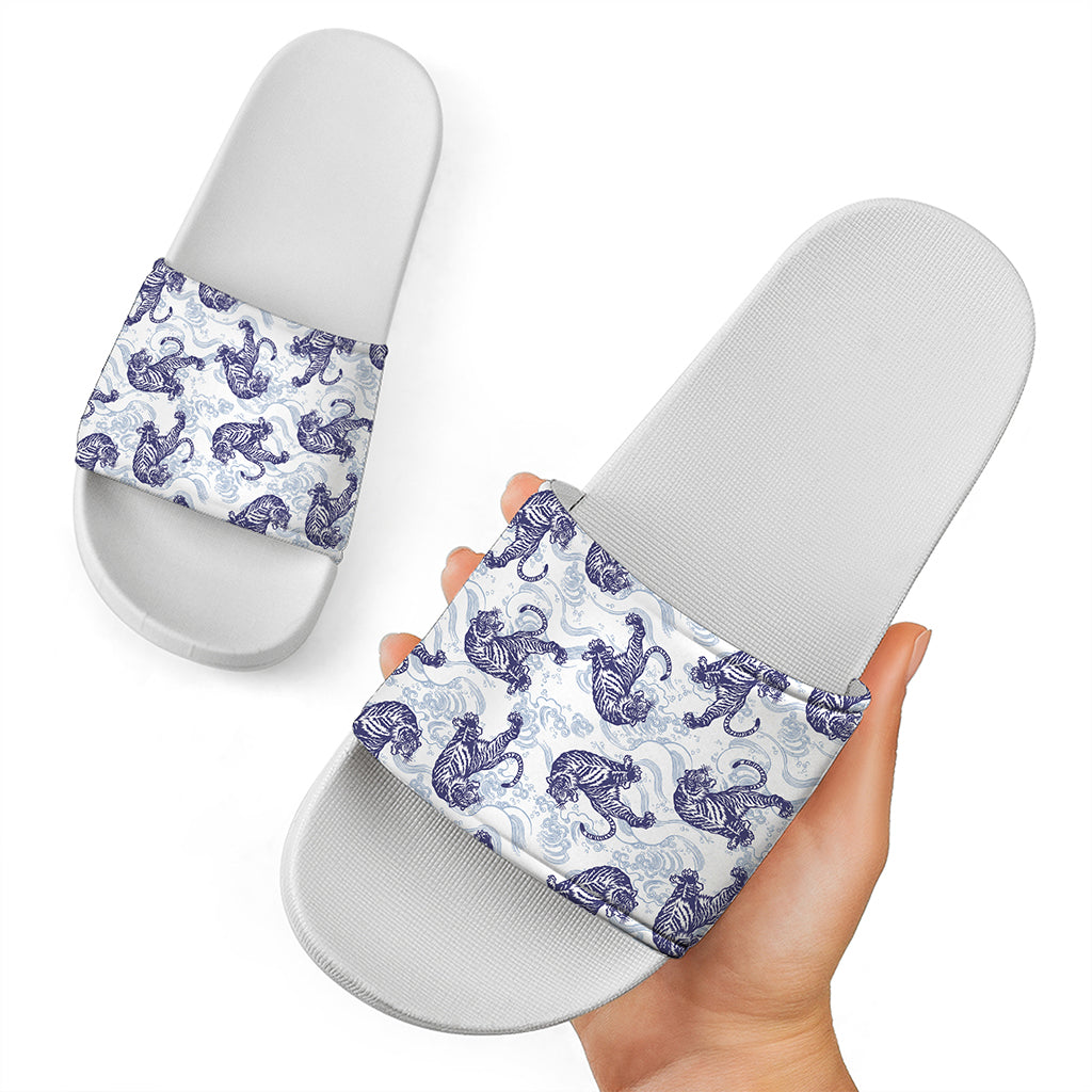 Japanese White Tiger Pattern Print White Slide Sandals