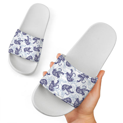 Japanese White Tiger Pattern Print White Slide Sandals