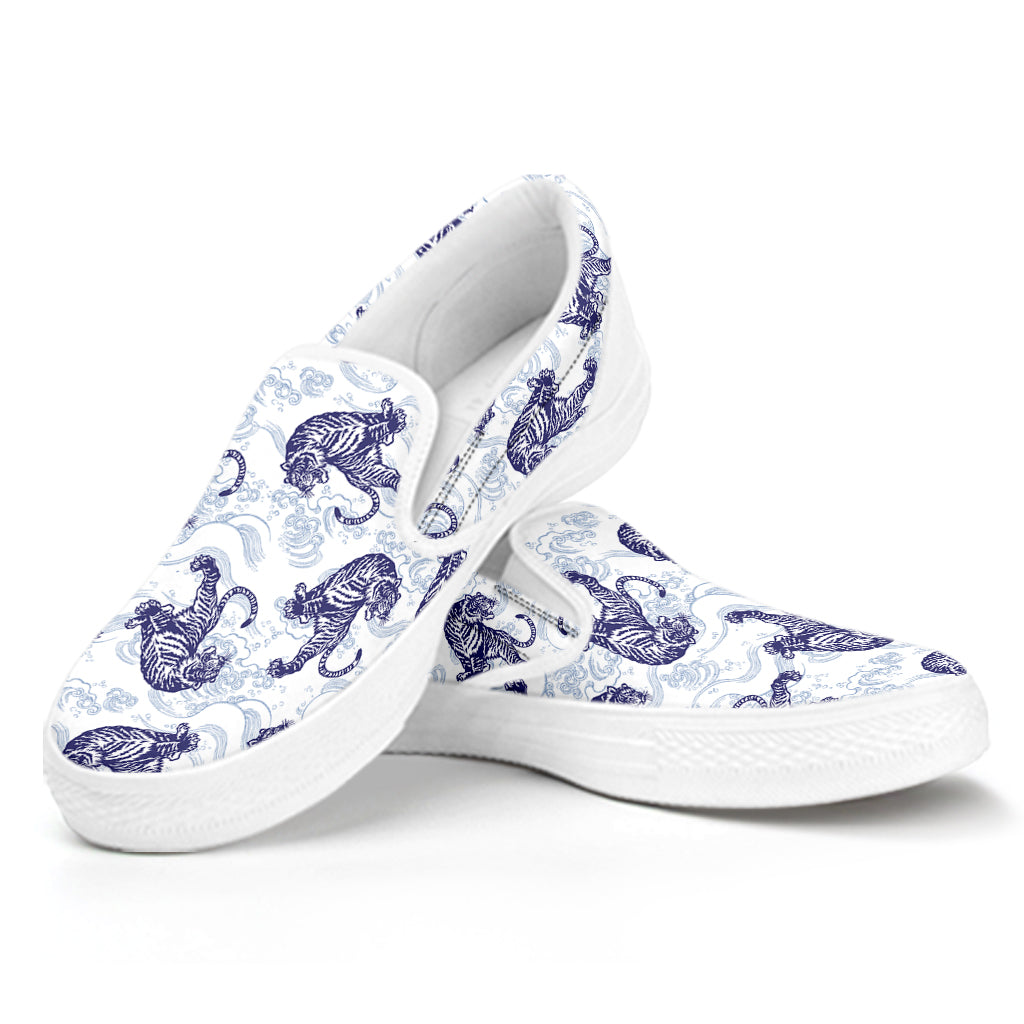 Japanese White Tiger Pattern Print White Slip On Shoes
