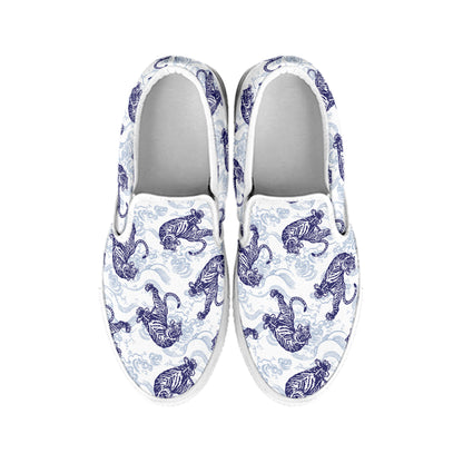 Japanese White Tiger Pattern Print White Slip On Shoes