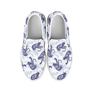 Japanese White Tiger Pattern Print White Slip On Shoes