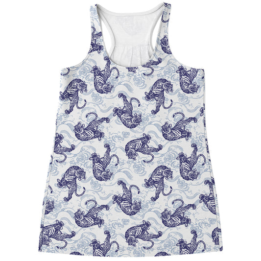 Japanese White Tiger Pattern Print Women's Racerback Tank Top