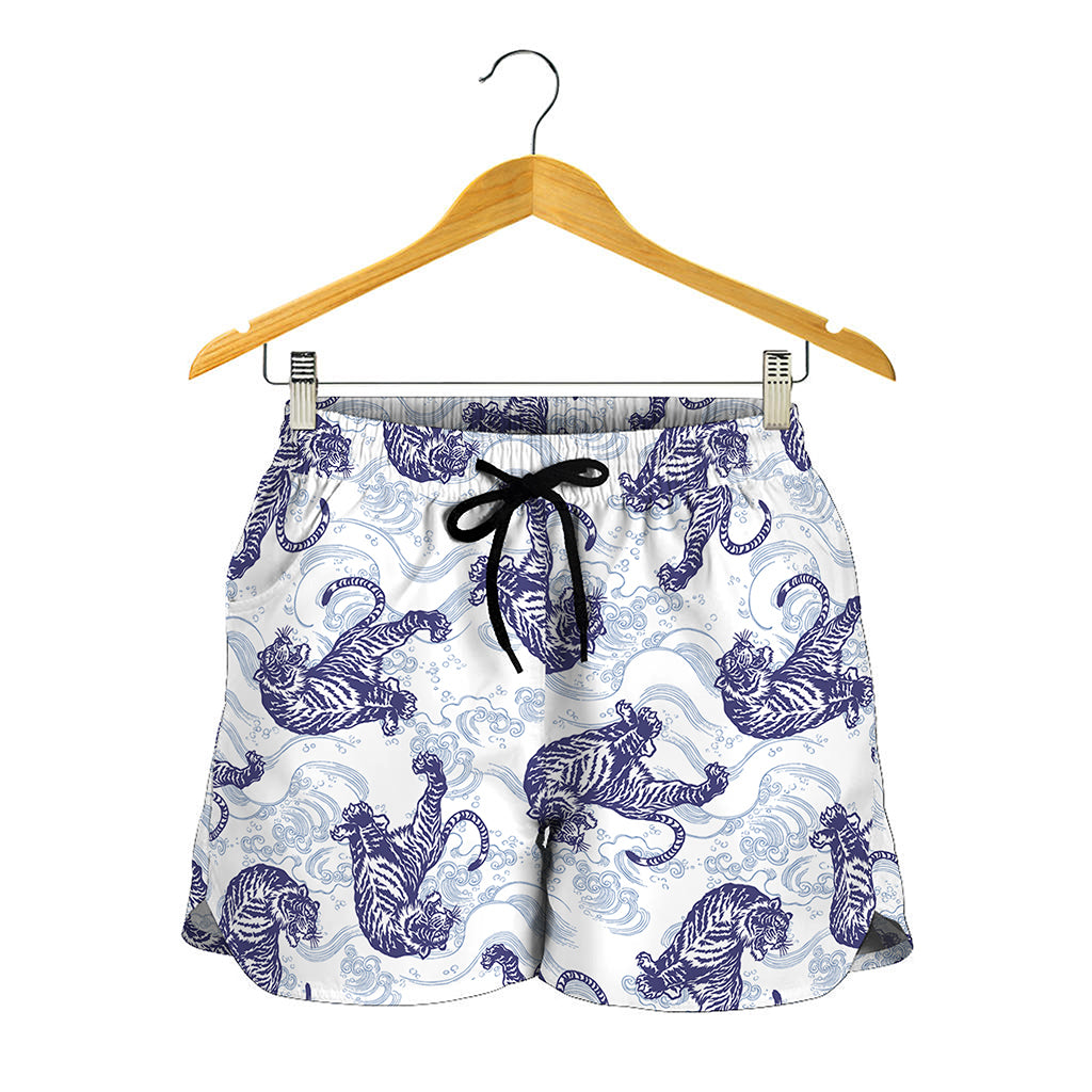 Japanese White Tiger Pattern Print Women's Shorts