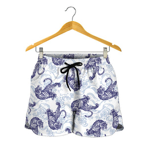 Japanese White Tiger Pattern Print Women's Shorts