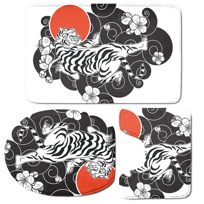 Japanese White Tiger Tattoo Print 3 Piece Bath Mat Set