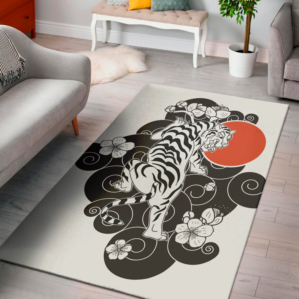 Japanese White Tiger Tattoo Print Area Rug