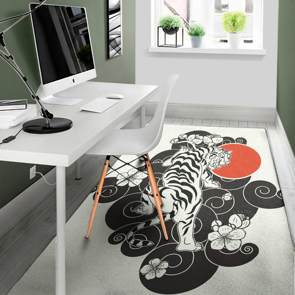 Japanese White Tiger Tattoo Print Area Rug