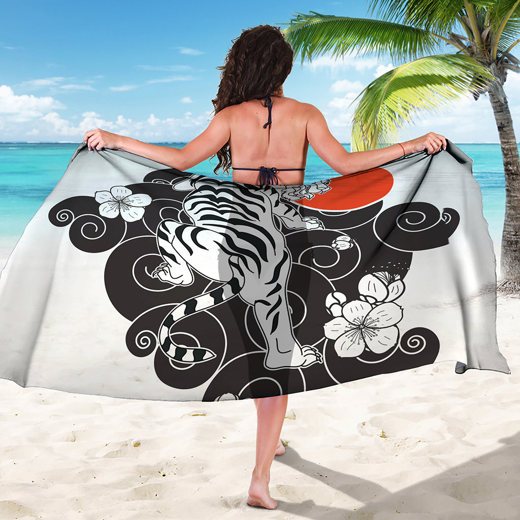 Japanese White Tiger Tattoo Print Beach Sarong Wrap