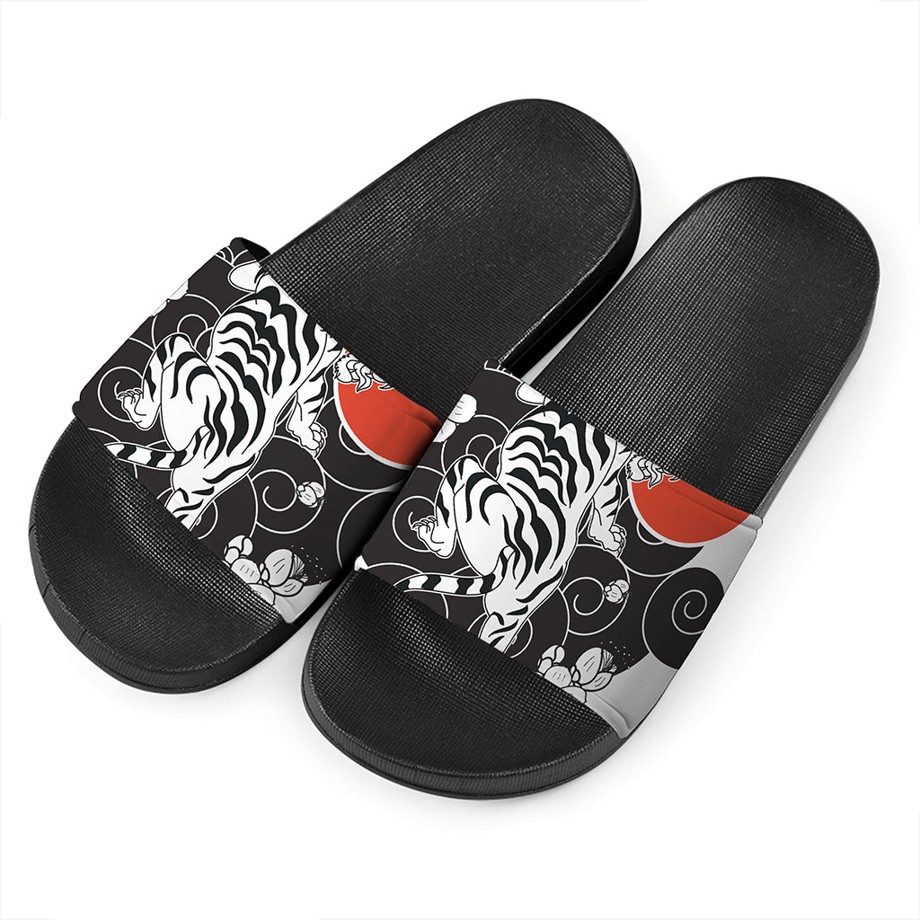 Japanese White Tiger Tattoo Print Black Slide Sandals