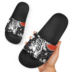 Japanese White Tiger Tattoo Print Black Slide Sandals