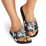 Japanese White Tiger Tattoo Print Black Slide Sandals