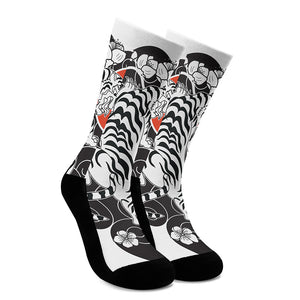 Japanese White Tiger Tattoo Print Crew Socks