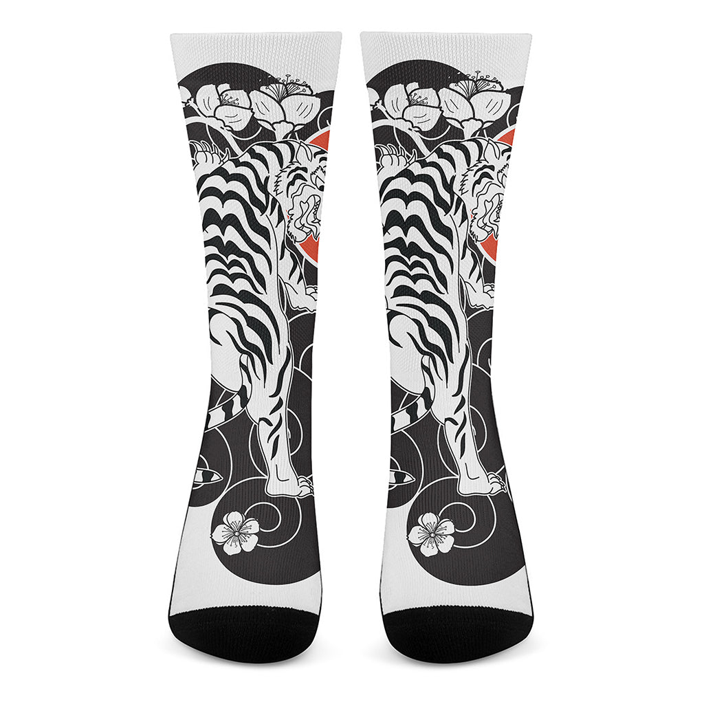 Japanese White Tiger Tattoo Print Crew Socks