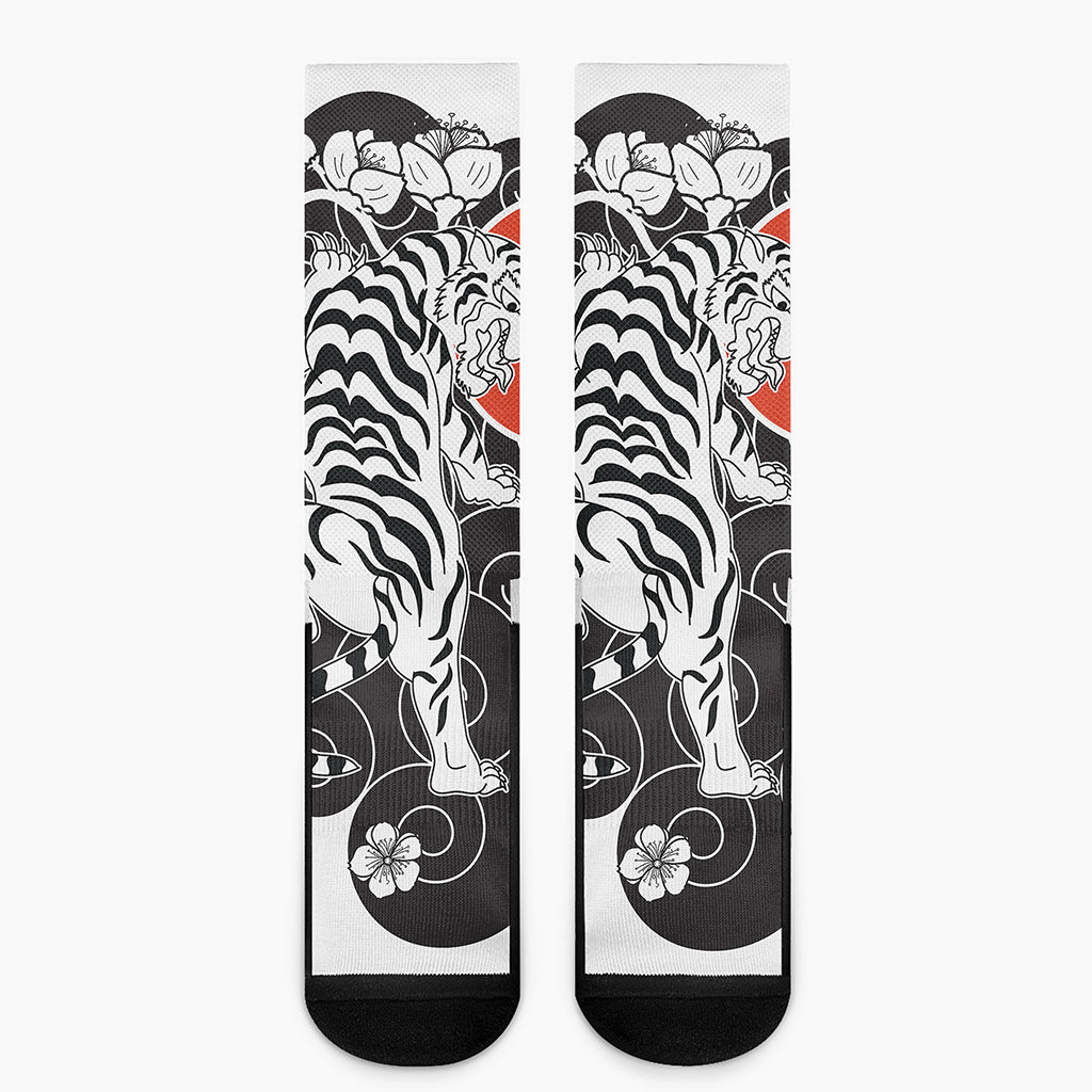 Japanese White Tiger Tattoo Print Crew Socks