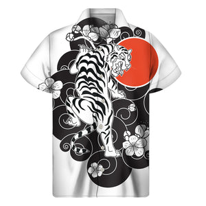 Japanese White Tiger Tattoo Print Men's Short Sleeve Shirt