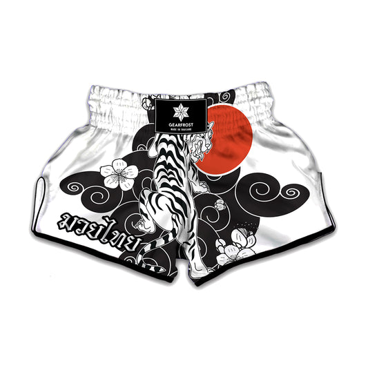 Japanese White Tiger Tattoo Print Muay Thai Boxing Shorts