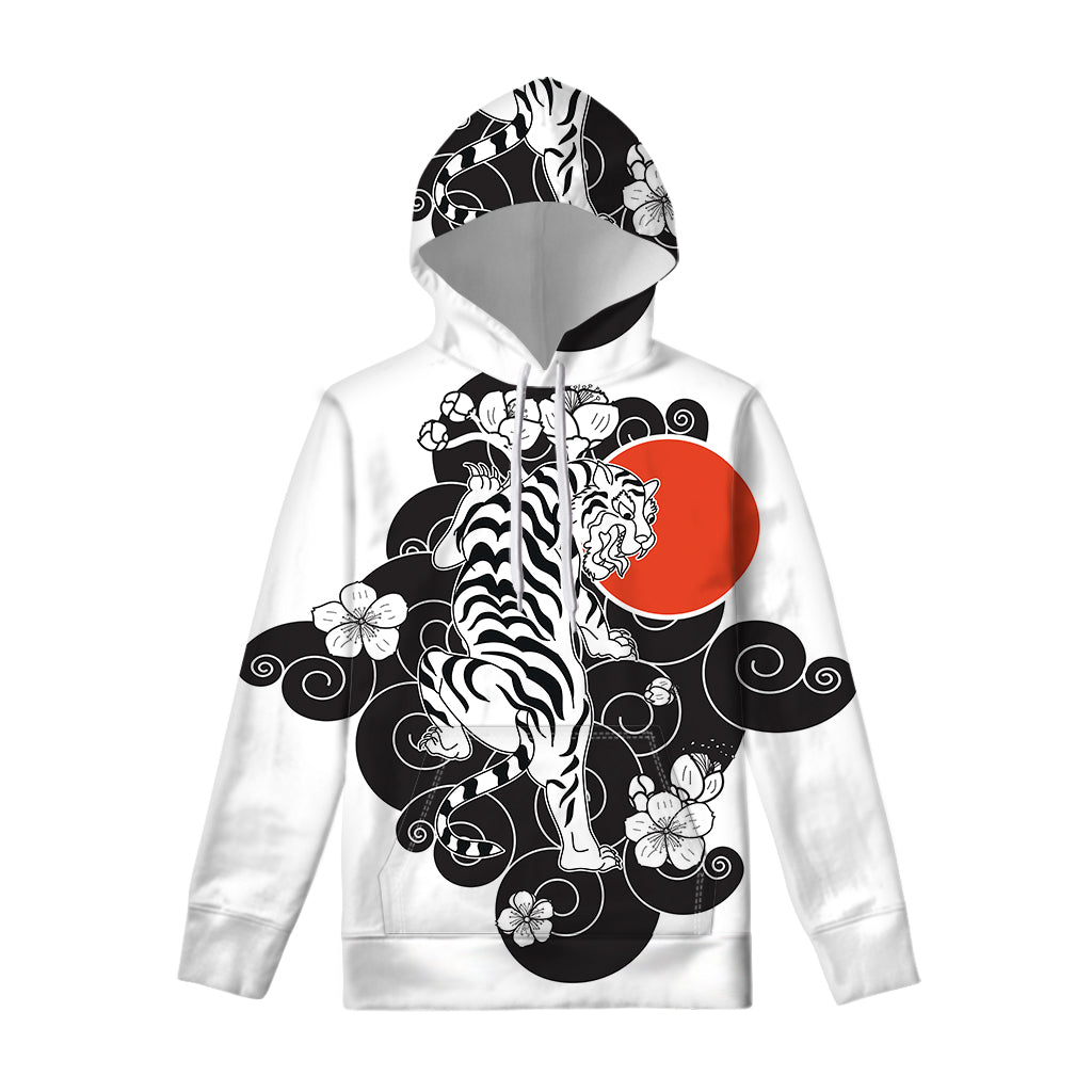 Japanese White Tiger Tattoo Print Pullover Hoodie