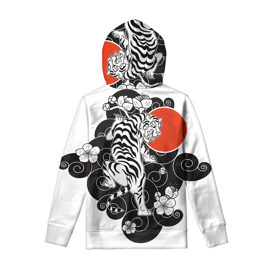 Japanese White Tiger Tattoo Print Pullover Hoodie