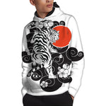 Japanese White Tiger Tattoo Print Pullover Hoodie