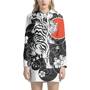 Japanese White Tiger Tattoo Print Pullover Hoodie Dress