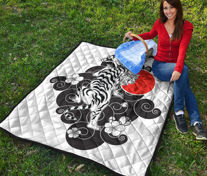 Japanese White Tiger Tattoo Print Quilt