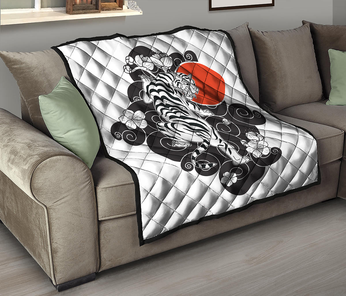 Japanese White Tiger Tattoo Print Quilt