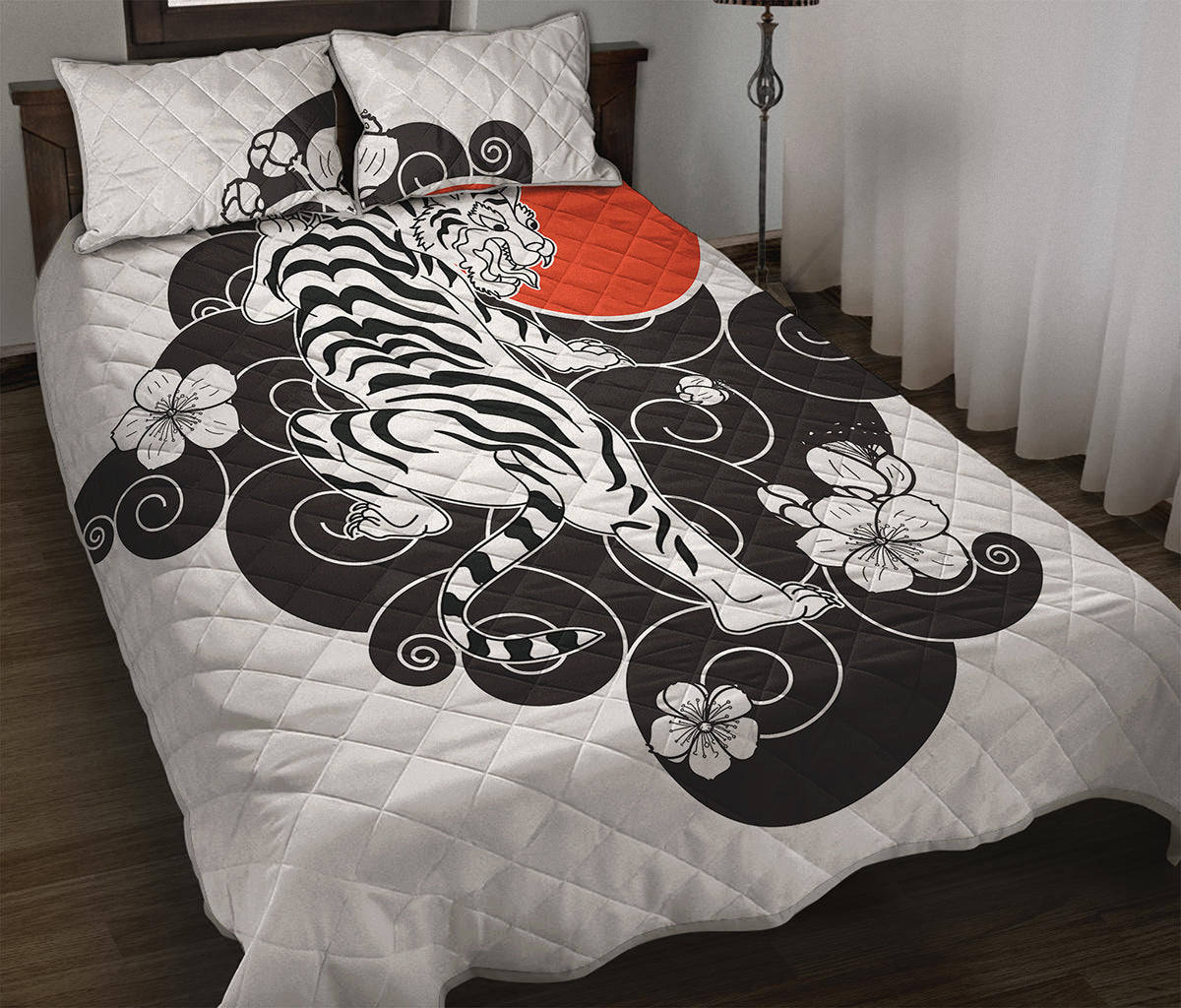 Japanese White Tiger Tattoo Print Quilt Bed Set