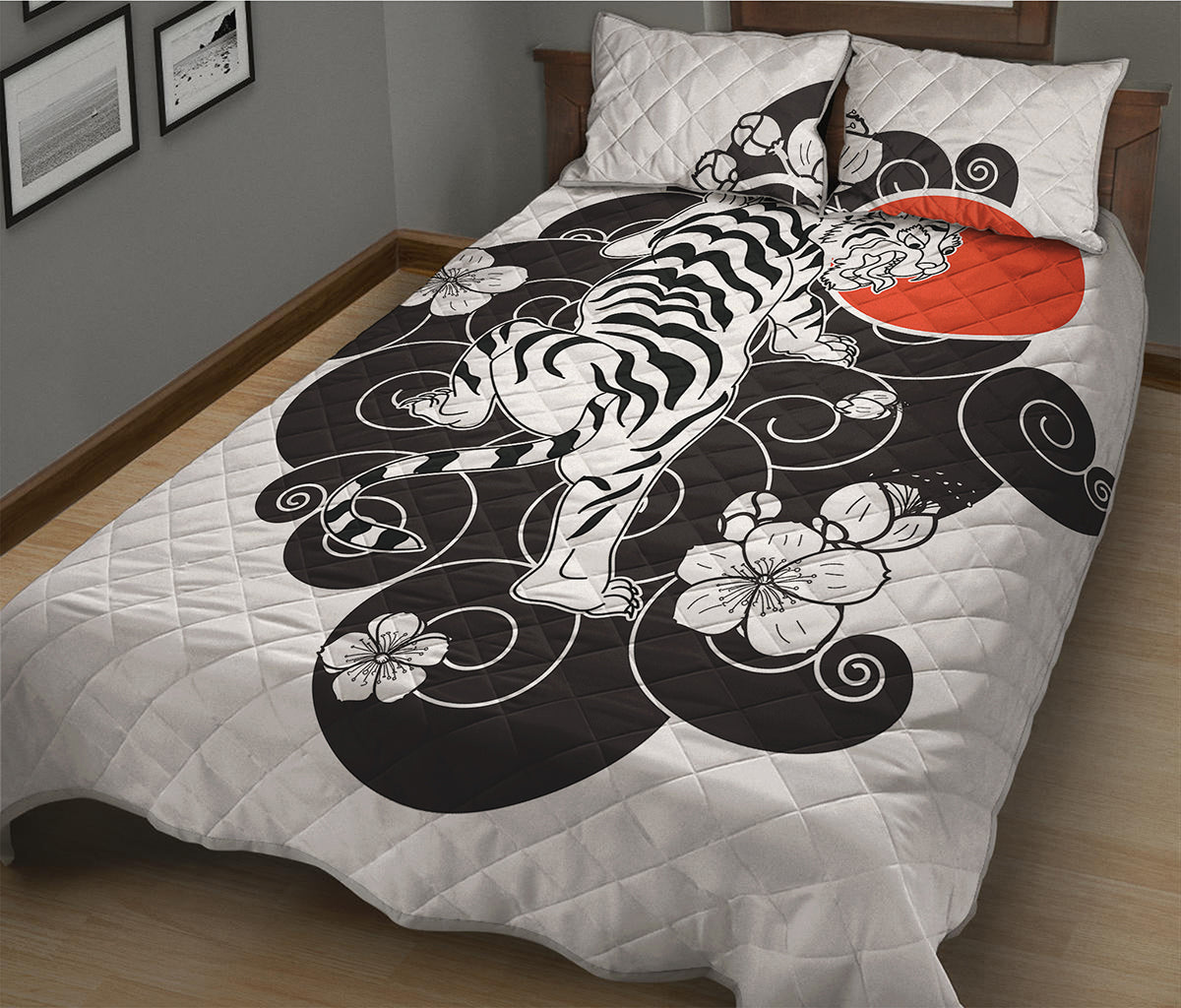 Japanese White Tiger Tattoo Print Quilt Bed Set