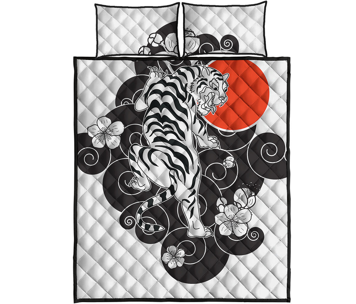 Japanese White Tiger Tattoo Print Quilt Bed Set