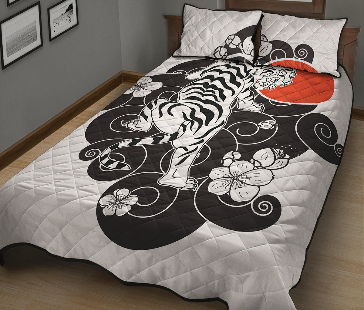 Japanese White Tiger Tattoo Print Quilt Bed Set