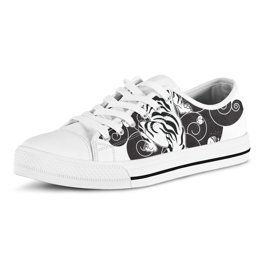 Japanese White Tiger Tattoo Print White Low Top Shoes