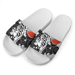 Japanese White Tiger Tattoo Print White Slide Sandals