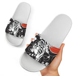 Japanese White Tiger Tattoo Print White Slide Sandals