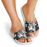 Japanese White Tiger Tattoo Print White Slide Sandals