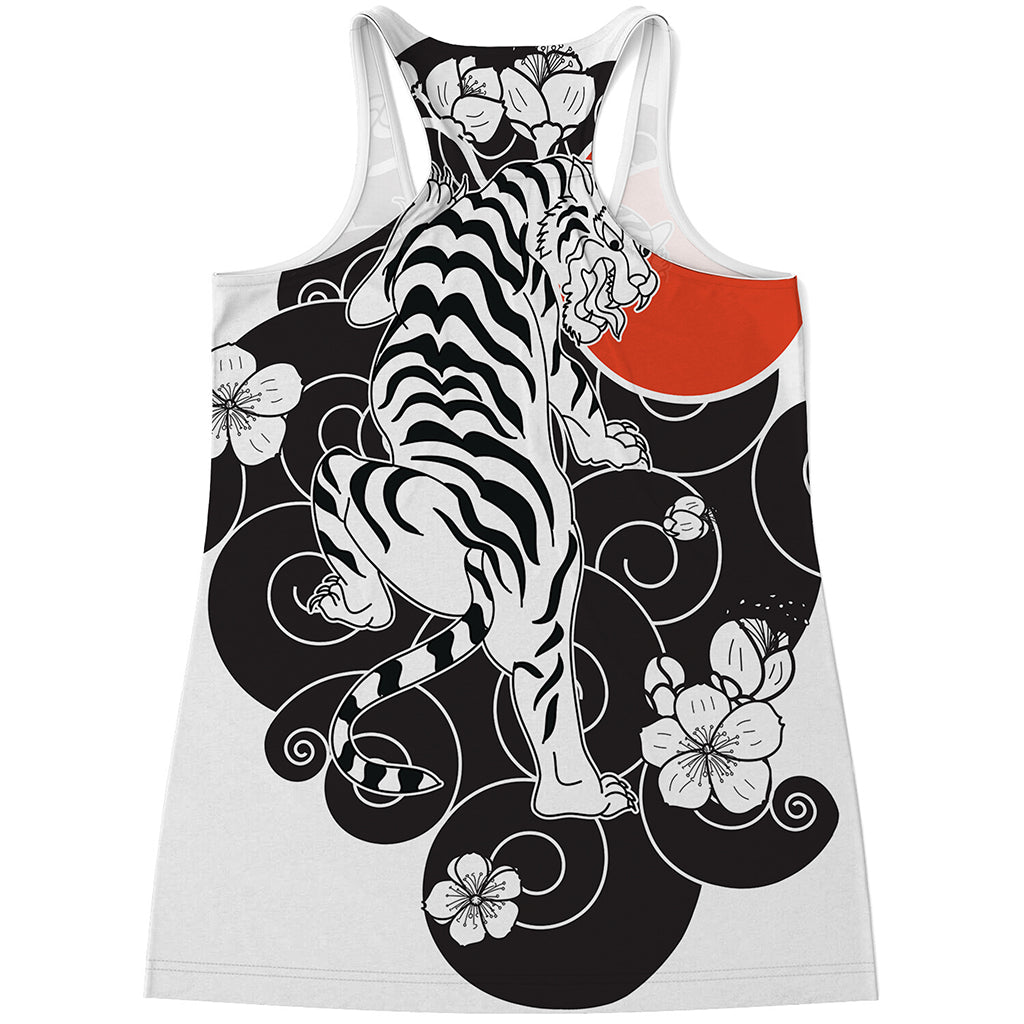 Japanese White Tiger Tattoo Print Women's Racerback Tank Top