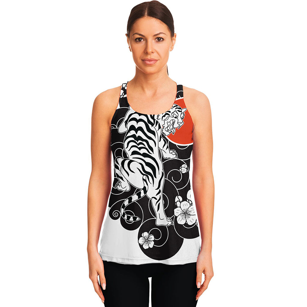 Japanese White Tiger Tattoo Print Women's Racerback Tank Top