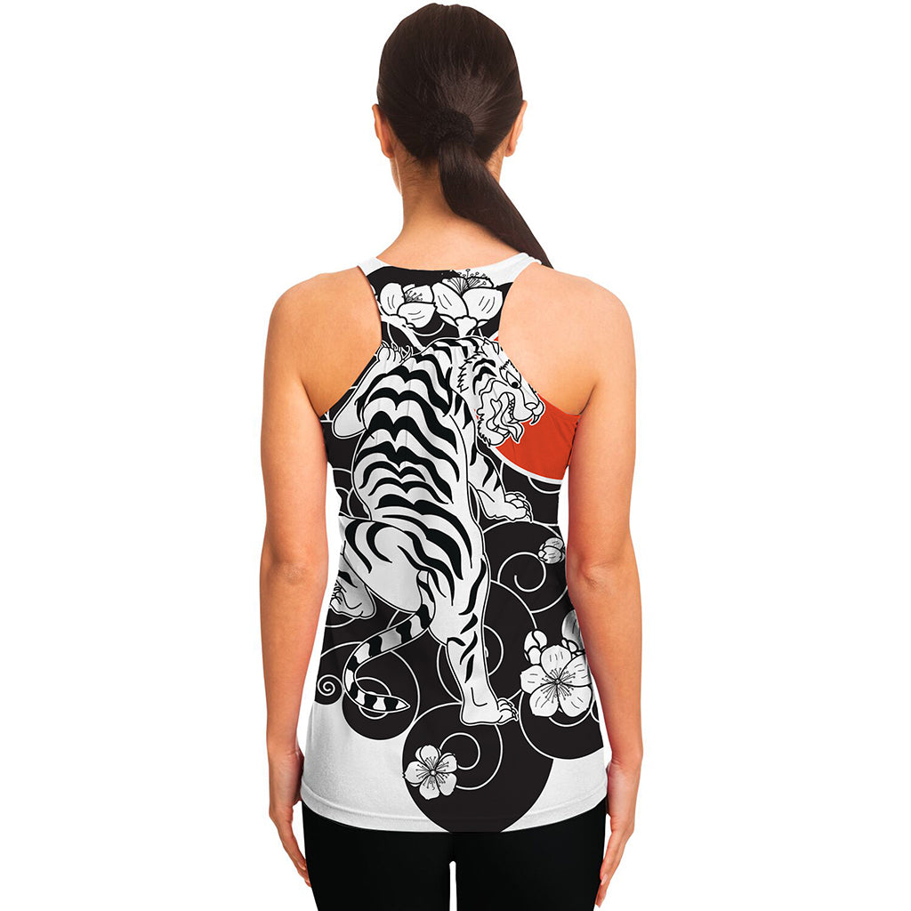 Japanese White Tiger Tattoo Print Women's Racerback Tank Top