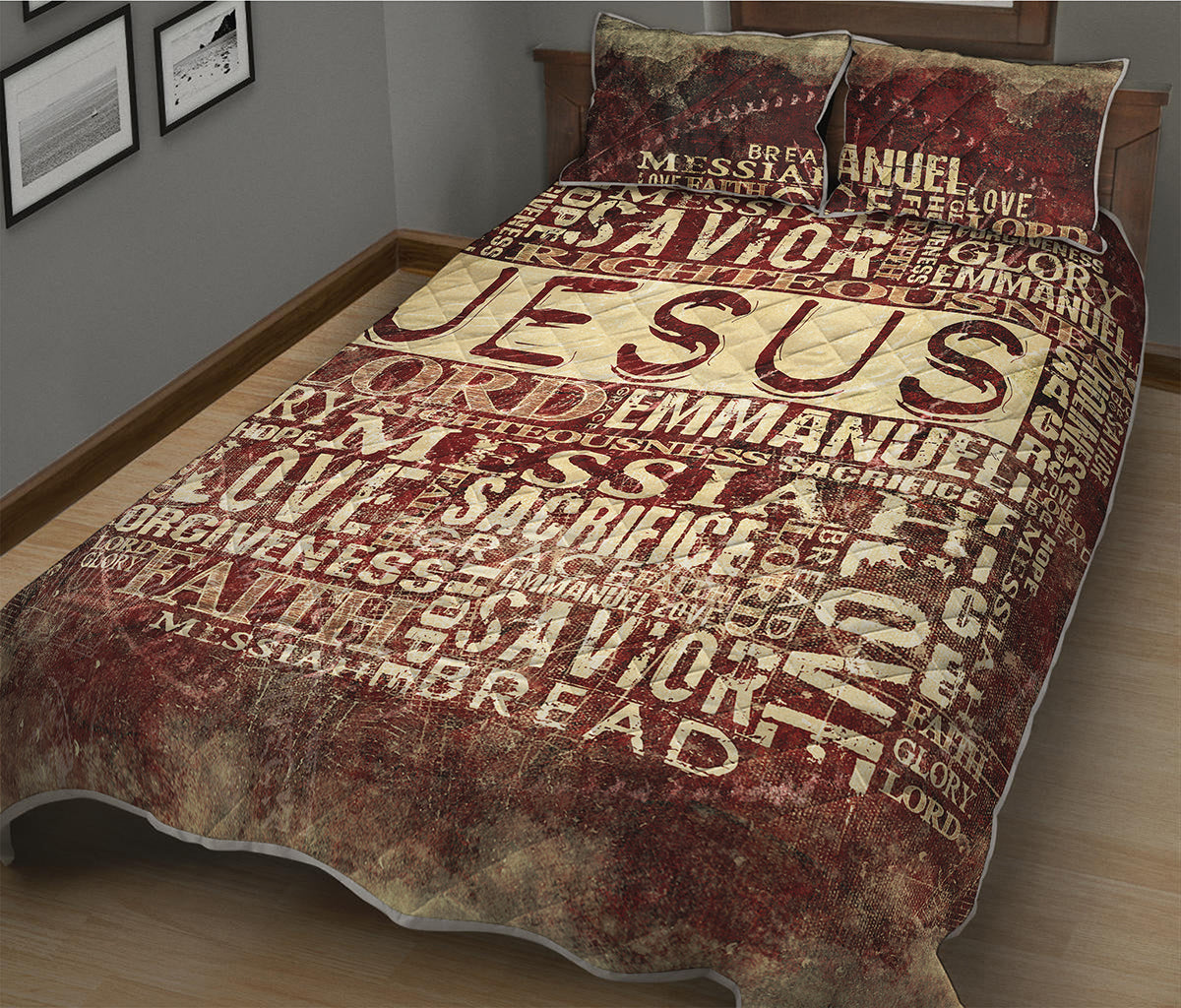 Jesus Religious Words Print Quilt Bed Set