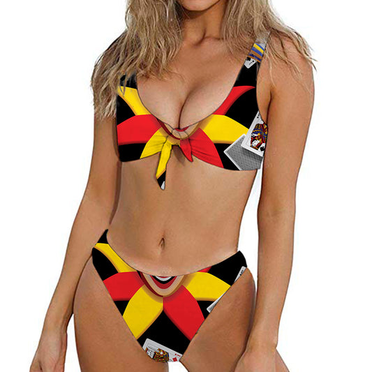 Joker And Playing Cards Print Front Bow Tie Bikini