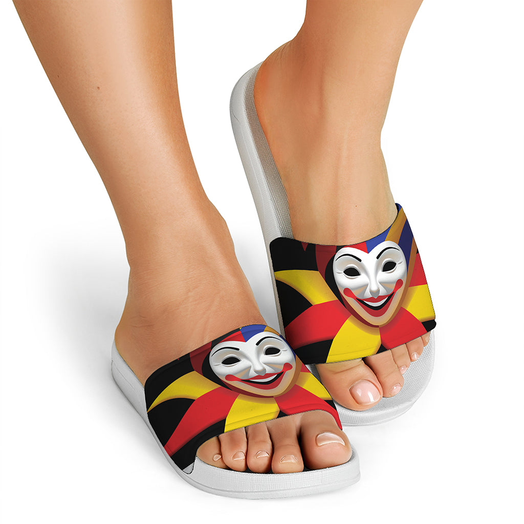 Joker And Playing Cards Print White Slide Sandals