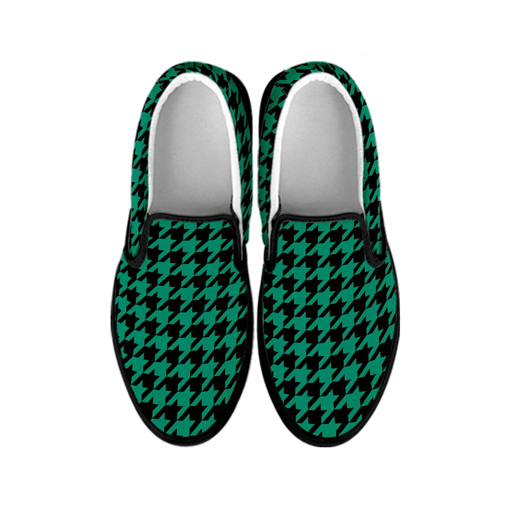 Jungle Green And Black Houndstooth Print Black Slip On Shoes